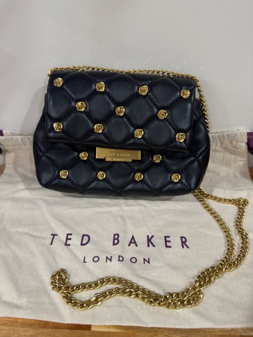 Ted Baker Black Quilted Crossbody Bag with Gold Rose Studs